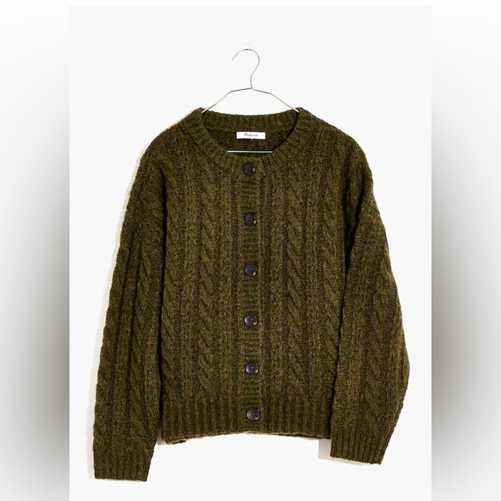Madewell Pointelle Cable Cardigan Sweater - Heather Basil - XS